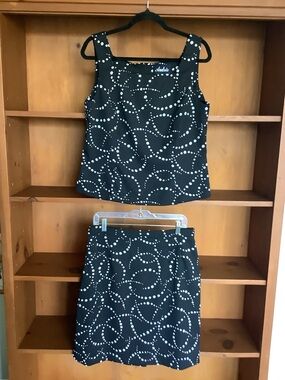 Vintage 90s Y2K AUDRIS Black & White Swirl Polka Dot Skirt Set 2 Piece Size 16